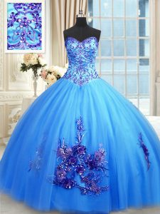 Blue Ball Gowns Sweetheart Sleeveless Tulle Floor Length Lace Up Beading and Appliques and Embroidery Ball Gown Prom Dre