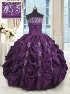 Floor Length Lace Up Quinceanera Dress Dark Purple for Military Ball and Sweet 16 and Quinceanera with Beading and Appli