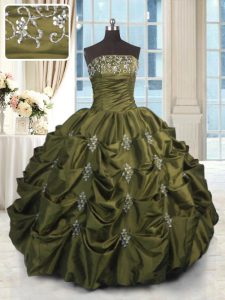 Customized Olive Green Ball Gowns Taffeta Strapless Sleeveless Beading and Appliques and Embroidery and Pick Ups Floor L