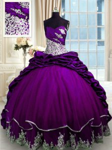With Train Lace Up Quince Ball Gowns Purple for Military Ball and Sweet 16 and Quinceanera with Beading and Appliques an