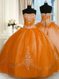 High End Rust Red Ball Gowns Organza Strapless Sleeveless Beading and Embroidery Floor Length Lace Up Quinceanera Gowns