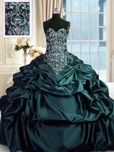 Dark Green Sleeveless Floor Length Beading and Embroidery and Pick Ups Zipper Quince Ball Gowns