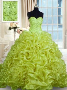 Fine Pick Ups With Train Ball Gowns Sleeveless Olive Green Sweet 16 Dress Sweep Train Lace Up