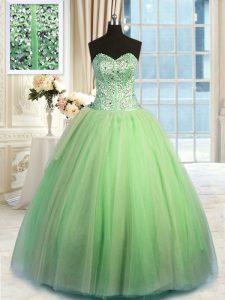 Green Organza Lace Up Sweetheart Sleeveless Floor Length Ball Gown Prom Dress Beading and Ruching