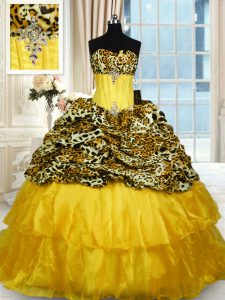 Charming Gold Ball Gowns Sweetheart Sleeveless Organza and Printed Sweep Train Lace Up Beading and Ruffled Layers Sweet 