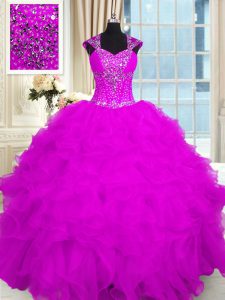 Fuchsia Cap Sleeves Beading and Ruffles Floor Length Quinceanera Gowns