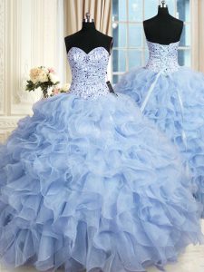Light Blue Sweetheart Lace Up Beading and Ruffles Quince Ball Gowns Sleeveless