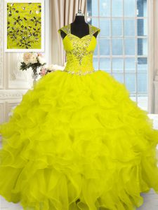 Popular Yellow Lace Up Quinceanera Dress Beading and Ruffles Cap Sleeves Floor Length