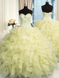 Classical Beading and Ruffles 15 Quinceanera Dress Yellow Lace Up Sleeveless Floor Length