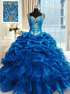 Organza Straps Sleeveless Lace Up Beading and Ruffles 15th Birthday Dress in Blue