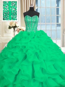 Glamorous Turquoise Sleeveless Brush Train Beading and Ruffles With Train Quince Ball Gowns