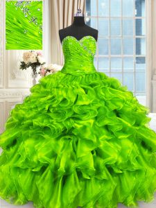 Custom Fit Sleeveless Beading and Ruffles and Ruching Lace Up Quinceanera Dresses