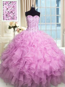 Popular Beading and Ruffles and Sequins Quinceanera Gowns Lilac Lace Up Sleeveless Floor Length