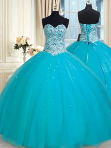Tulle Sweetheart Sleeveless Lace Up Beading and Sequins 15 Quinceanera Dress in Aqua Blue