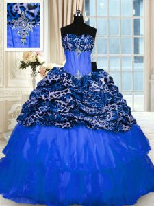 Printed Blue Lace Up Vestidos de Quinceanera Beading and Sequins Sleeveless Floor Length