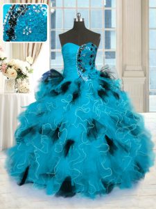Delicate Floor Length Ball Gowns Sleeveless Blue And Black 15 Quinceanera Dress Lace Up