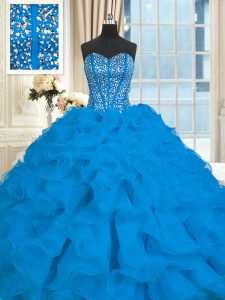 With Train Blue Ball Gown Prom Dress Organza Brush Train Sleeveless Beading and Ruffles