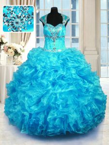 Colorful Floor Length Ball Gowns Cap Sleeves Aqua Blue Sweet 16 Dress Lace Up