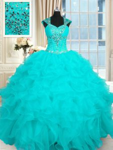 Custom Design Floor Length Ball Gowns Cap Sleeves Aqua Blue 15 Quinceanera Dress Lace Up
