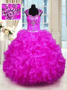 Glorious Fuchsia Straps Lace Up Beading and Ruffles Quinceanera Gown Cap Sleeves