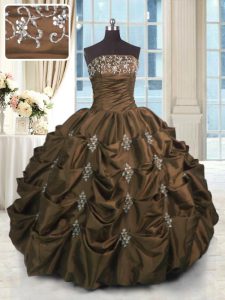 Pick Ups Chocolate Sleeveless Taffeta Lace Up 15th Birthday Dress for Military Ball and Sweet 16 and Quinceanera