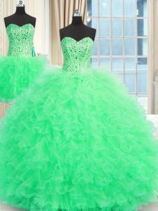 Three Piece Apple Green Sleeveless Floor Length Beading and Ruffles Lace Up Quinceanera Dresses