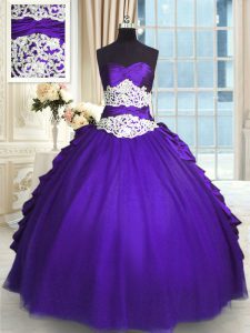 Purple Sweetheart Neckline Beading and Lace and Appliques and Ruching and Pick Ups 15th Birthday Dress Sleeveless Lace U