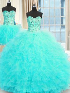 Unique Three Piece Floor Length Aqua Blue Ball Gown Prom Dress Strapless Sleeveless Lace Up