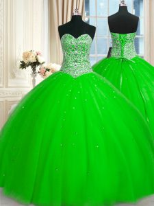 Romantic Sweetheart Sleeveless Quinceanera Dresses Floor Length Beading and Sequins Tulle