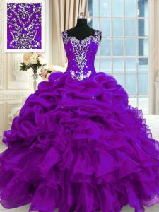 Custom Fit Sleeveless Floor Length Beading and Ruffles and Pick Ups Lace Up Sweet 16 Dress with Purple