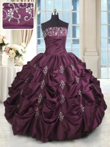 Burgundy Sleeveless Beading and Appliques and Embroidery and Pick Ups Floor Length Quinceanera Dresses