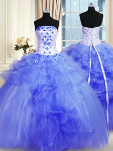 High Quality Blue Ball Gowns Pick Ups and Hand Made Flower Quinceanera Gown Lace Up Tulle Sleeveless Floor Length