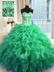 Admirable Turquoise Organza Lace Up Sweetheart Sleeveless Floor Length 15 Quinceanera Dress Beading and Ruffles