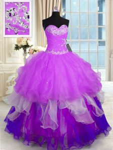 Inexpensive Sleeveless Lace Up Floor Length Beading and Ruffles Quinceanera Dress