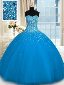 Flare Floor Length Teal Quince Ball Gowns Tulle Sleeveless Beading and Ruffles
