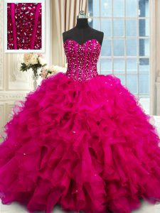 Sleeveless Organza Floor Length Lace Up Ball Gown Prom Dress in Fuchsia with Beading and Ruffles and Sequins