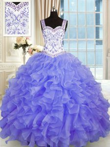 Pretty Beading and Appliques and Ruffles 15th Birthday Dress Purple Lace Up Sleeveless Floor Length