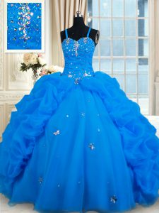 Stylish Sleeveless Organza Floor Length Lace Up Quince Ball Gowns in Blue with Beading and Pick Ups