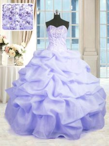 Delicate Sweetheart Sleeveless Quince Ball Gowns Floor Length Beading and Ruffles Lavender Organza