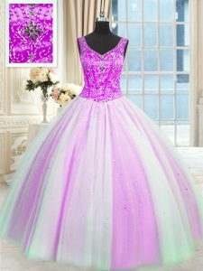 Designer Beading and Sequins Sweet 16 Quinceanera Dress Multi-color Lace Up Sleeveless Floor Length