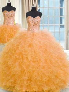 Super Three Piece Orange Lace Up Strapless Beading and Ruffles Ball Gown Prom Dress Tulle Sleeveless