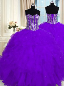 Sleeveless Organza Floor Length Lace Up 15 Quinceanera Dress in Eggplant Purple with Beading and Ruffles
