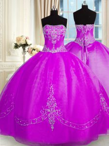 Ideal Purple Lace Up Strapless Beading and Embroidery Sweet 16 Dress Organza Sleeveless