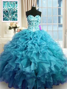 Stunning Sweetheart Sleeveless Lace Up Quinceanera Dress Teal Organza