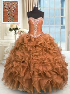 Brown Sweetheart Lace Up Beading and Ruffles Sweet 16 Quinceanera Dress Sleeveless