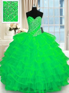 Custom Design Organza Sleeveless Floor Length Ball Gown Prom Dress and Beading and Ruffled Layers