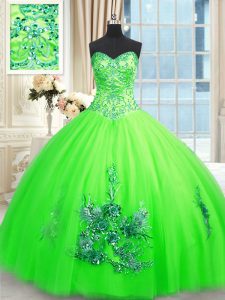Clearance Ball Gowns Sweetheart Sleeveless Tulle Floor Length Lace Up Appliques Quince Ball Gowns