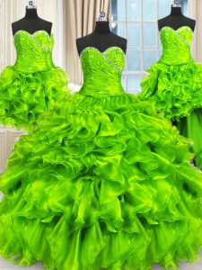 Four Piece Sweetheart Sleeveless Quinceanera Gown Floor Length Beading and Ruffles and Ruching Organza