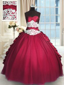 Red Taffeta and Tulle Zipper Quinceanera Gown Long Sleeves Floor Length Beading and Lace and Ruching and Pick Ups