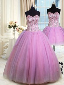 Three Piece Tulle Sweetheart Sleeveless Lace Up Beading 15th Birthday Dress in Lilac